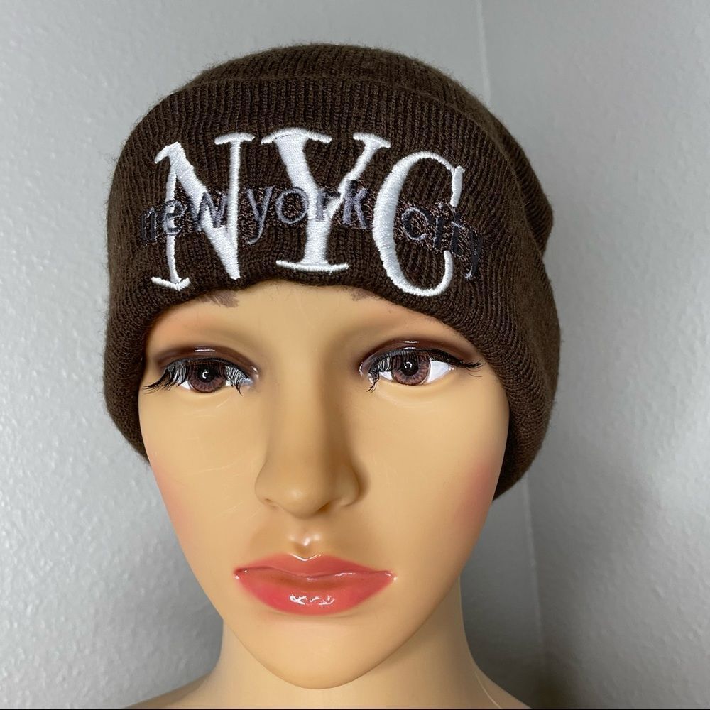 New York City Brown and White Skull Beanie Cap